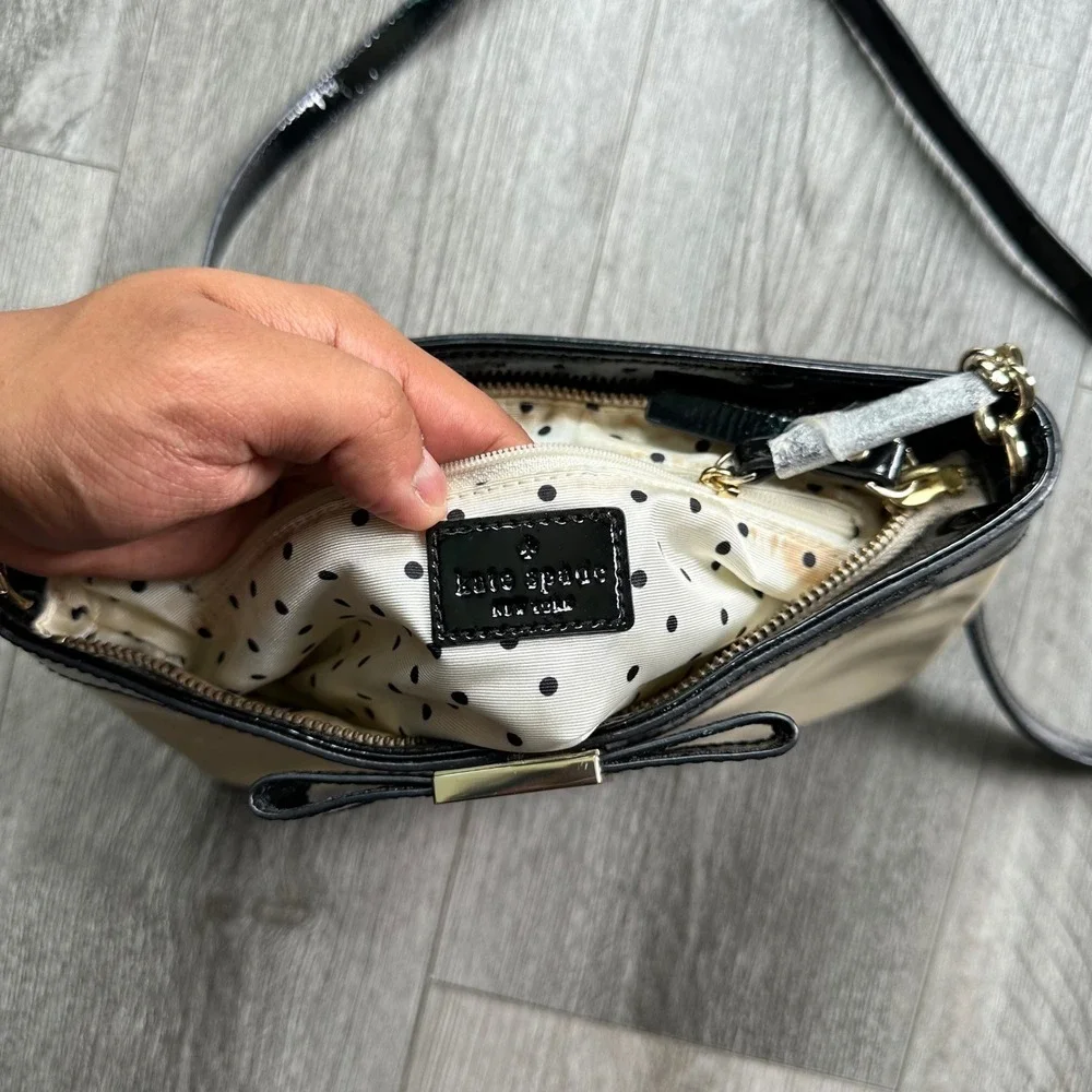 Y2K polka dot leather Kate Spade Cream Black Patent Bow Shoulder Bag
